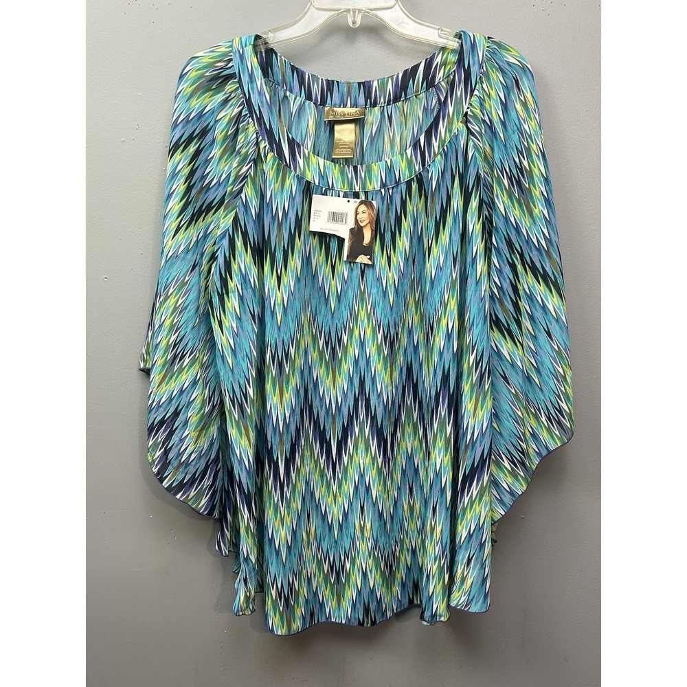 Miss Tina Blouse Womens M Blue Green Chevron Zigzag Flutter Sleeve Scoop Neck‎